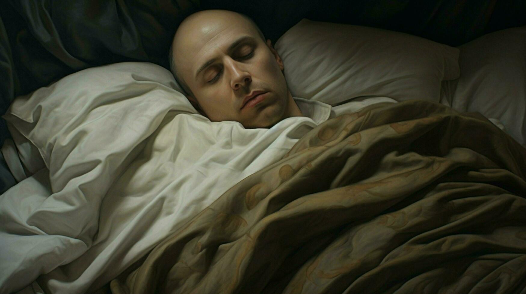 AI generated one tired man resting peacefully in bed photo