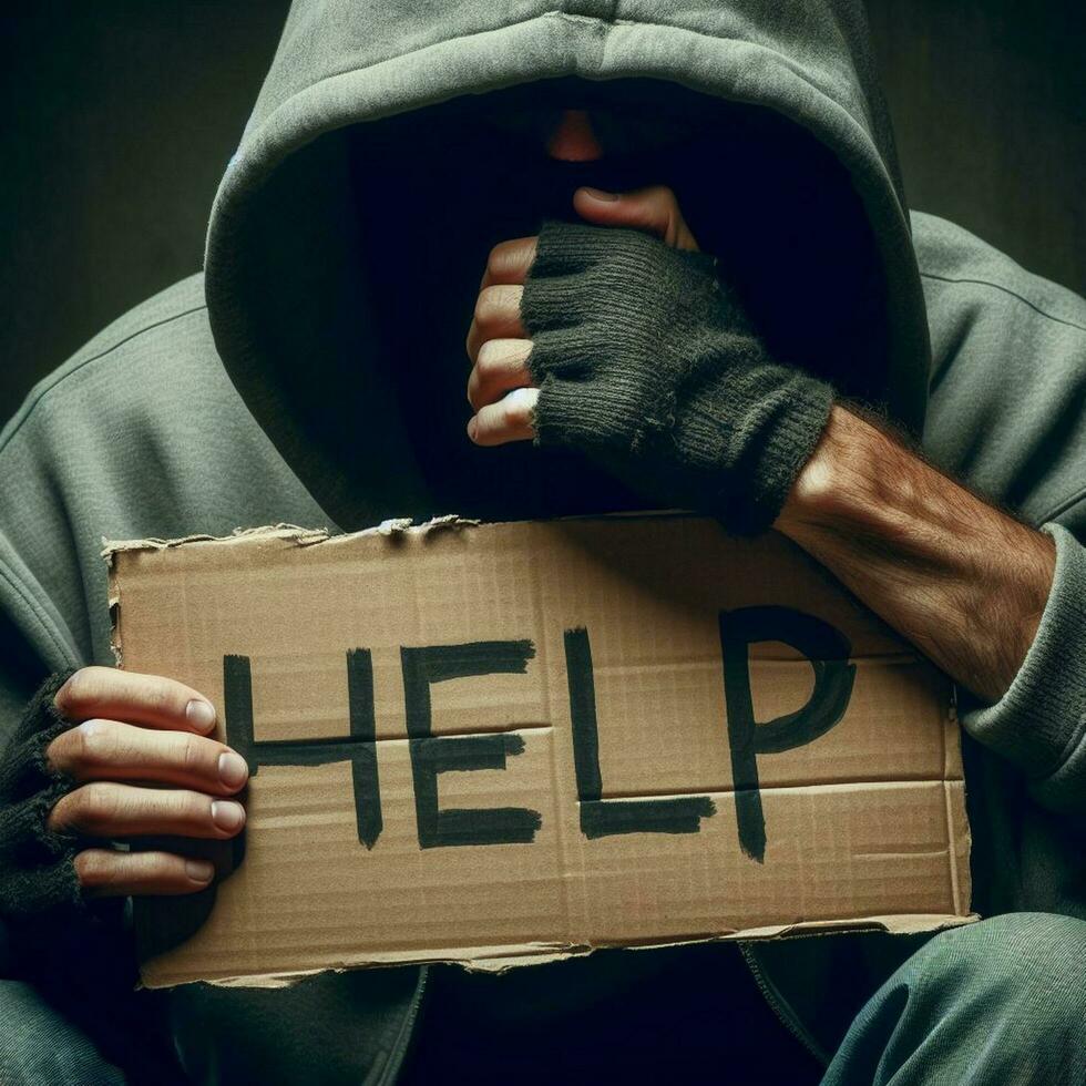 AI generated Hooded man holding a cardboard sign with the word help on it photo