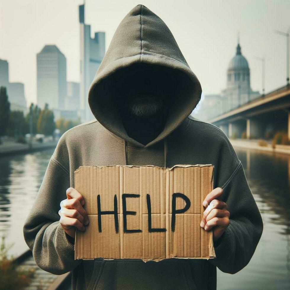 AI generated Hooded man holding a cardboard sign with the word help on it photo