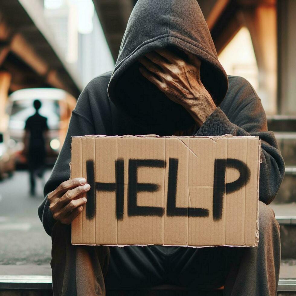 AI generated Hooded man holding a cardboard sign with the word help on it photo