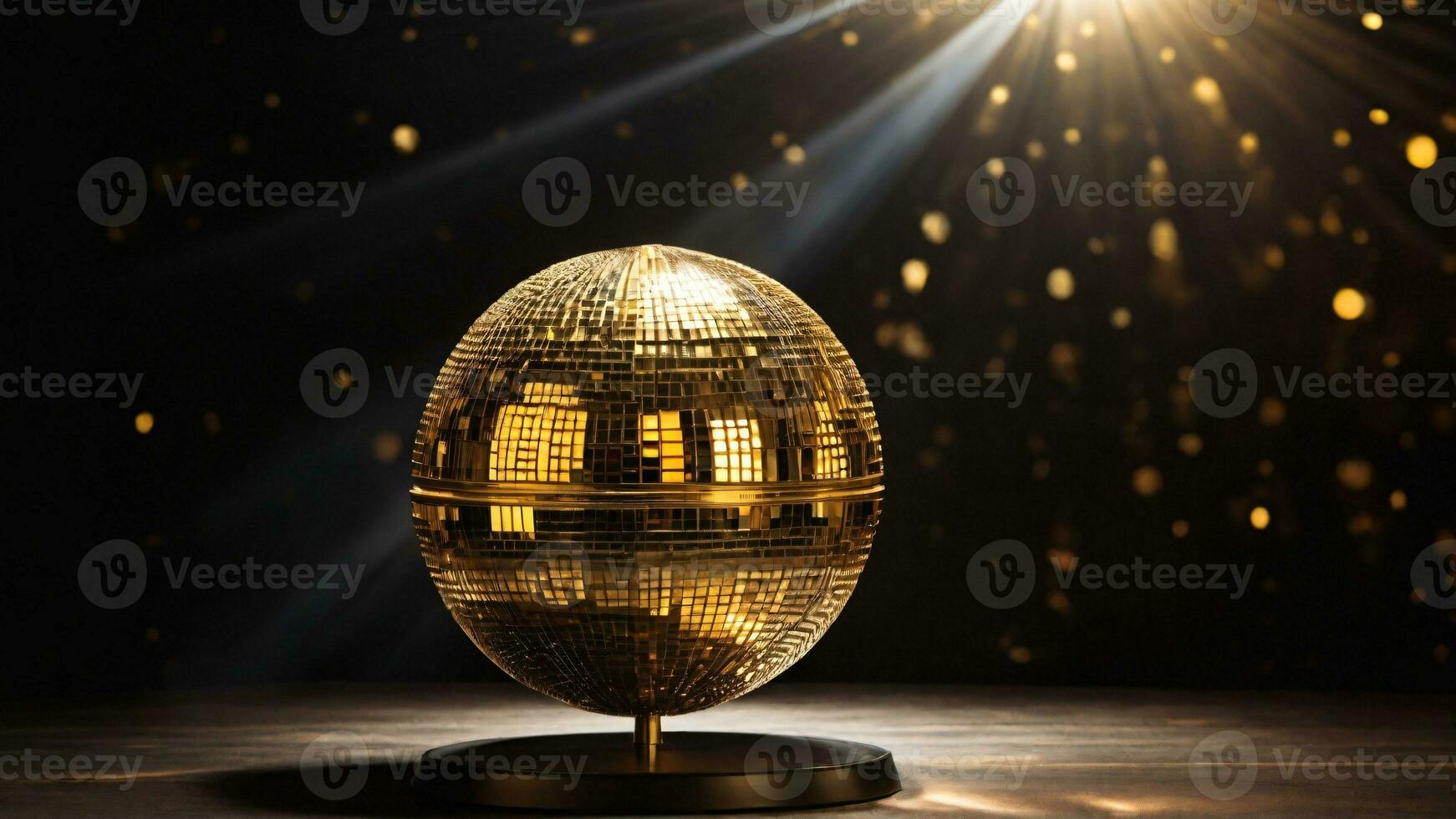 AI generated gold disco ball on a black bokeh light background. 3d illustration. 3d render photo