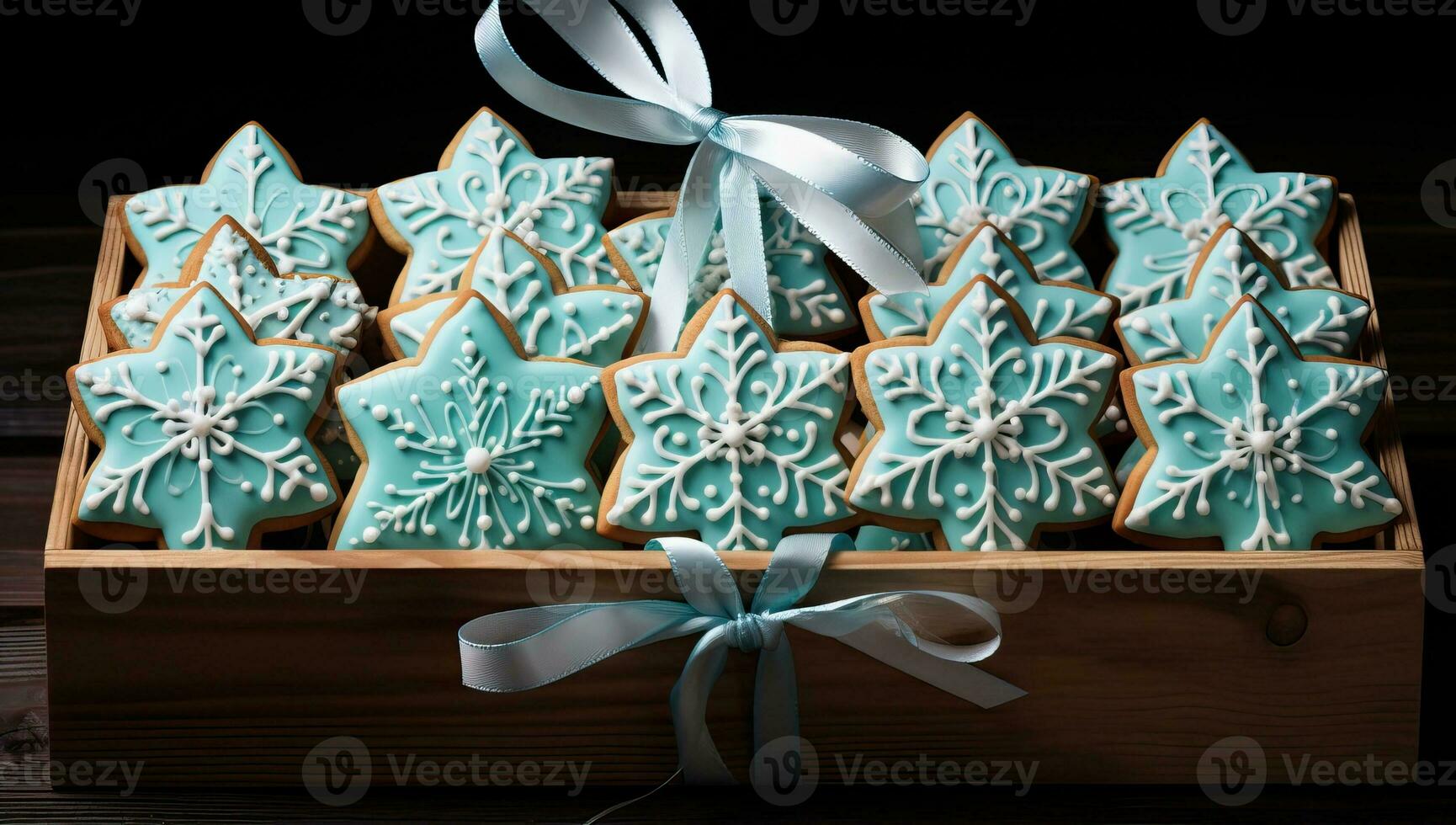 AI generated Christmas cookies in a wooden box on a dark background. Toned. AI Generated. photo