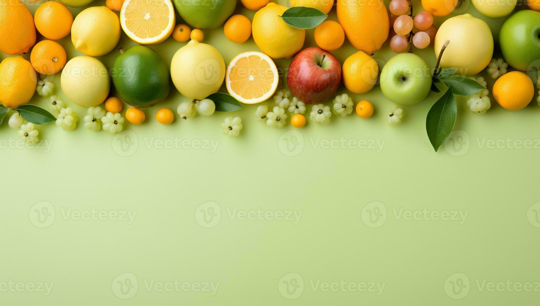 AI generated Assorted Fresh Fruits on a Vibrant Green Background. AI Generated. photo