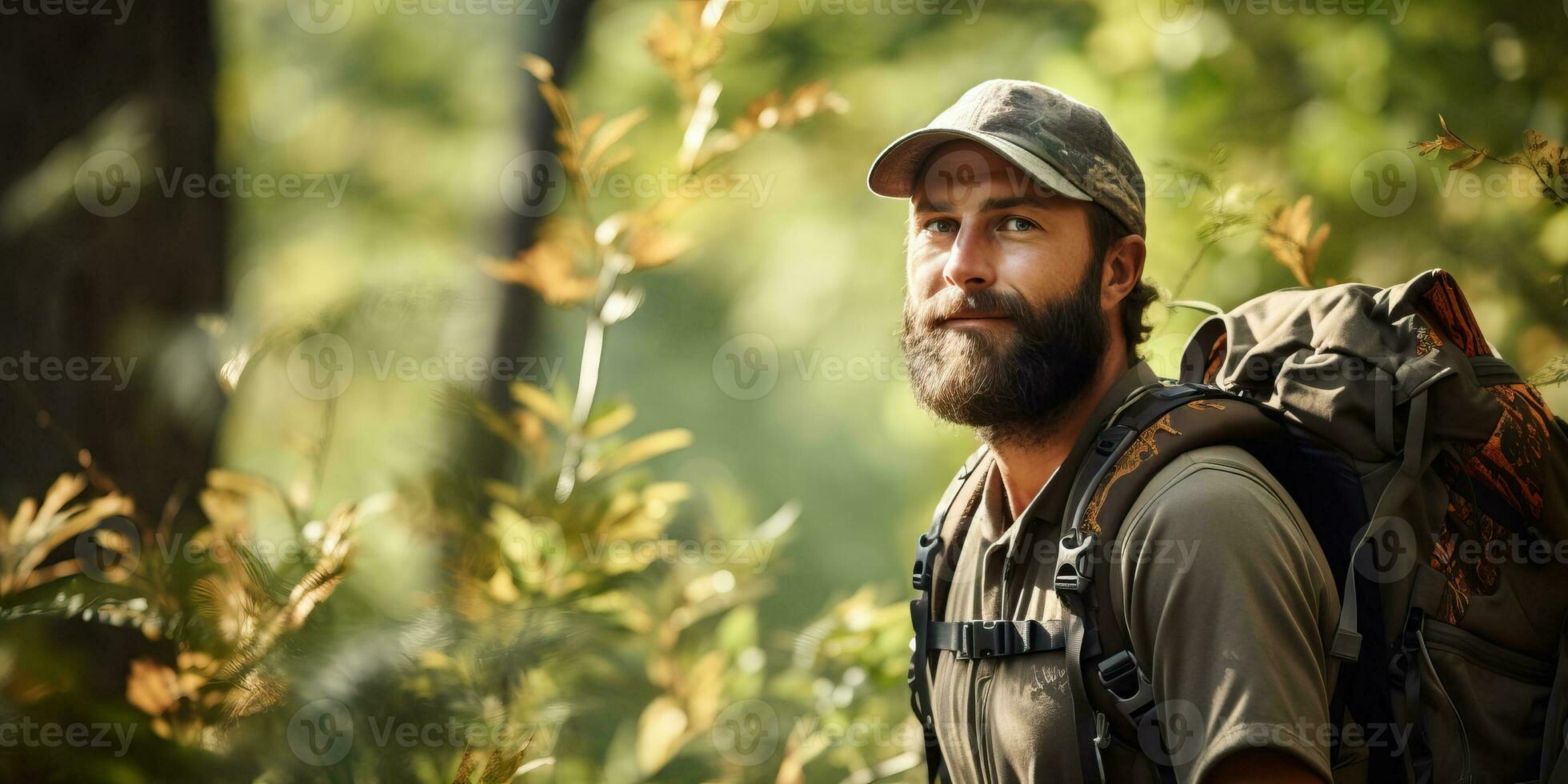 AI generated Portrait of a bearded man with a backpack in the forest. AI Generated. photo