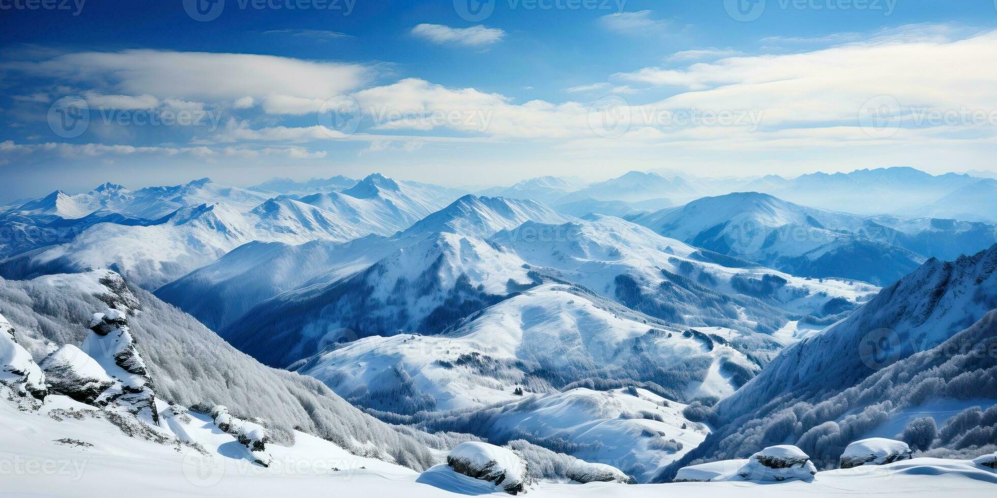 AI generated Panoramic View of Snowy Mountain Landscape. AI Generated. photo