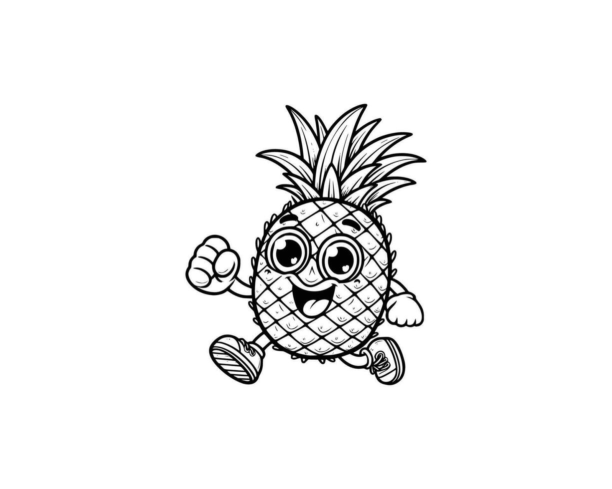 Cute Cartoon of Pineapple illustration for coloring book outline line art. Pineapple mascot design with dynamic pose vector