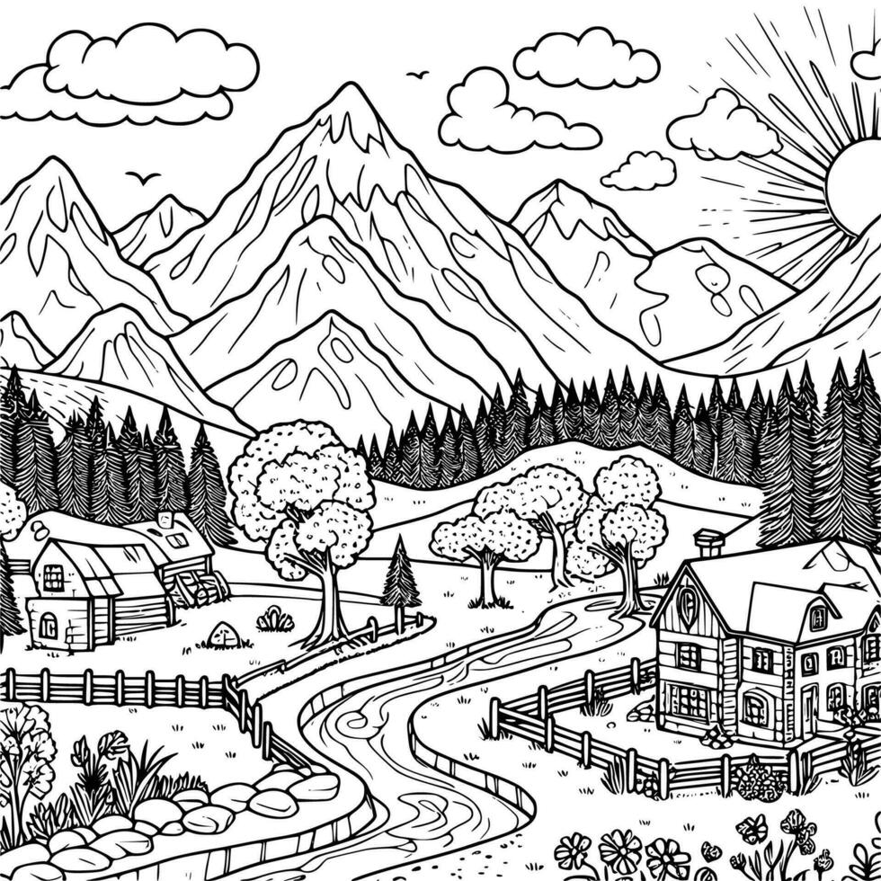 panorama  coloring book black and white. environment vector drawing