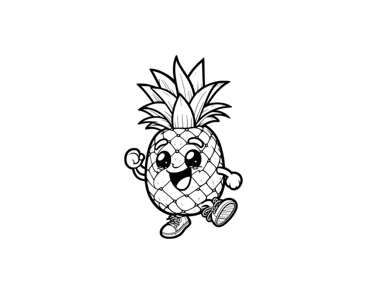 Cute Cartoon of Pineapple illustration for coloring book outline line art. Pineapple mascot design with dynamic pose vector