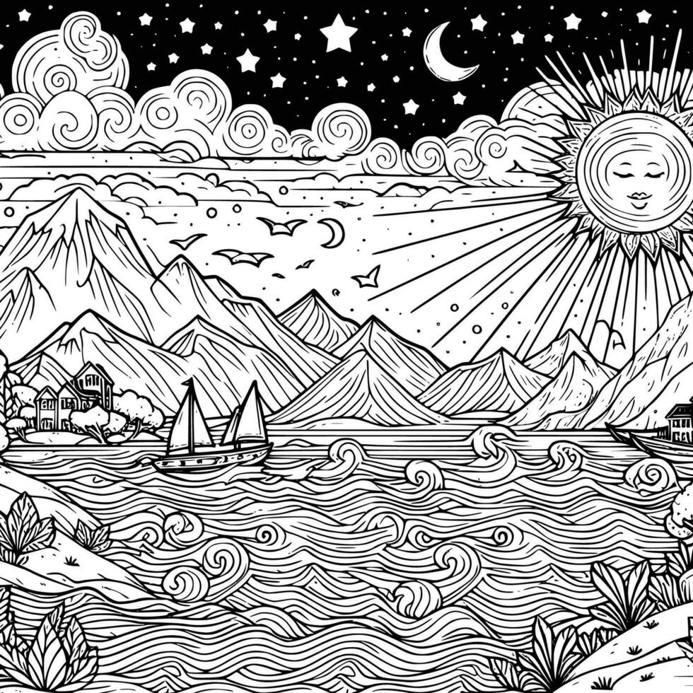 panorama  coloring book black and white. environment vector drawing