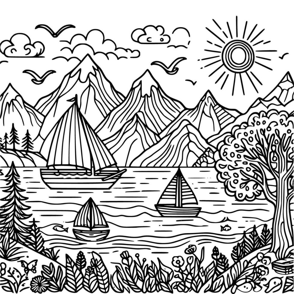 panorama  coloring book black and white. environment vector drawing