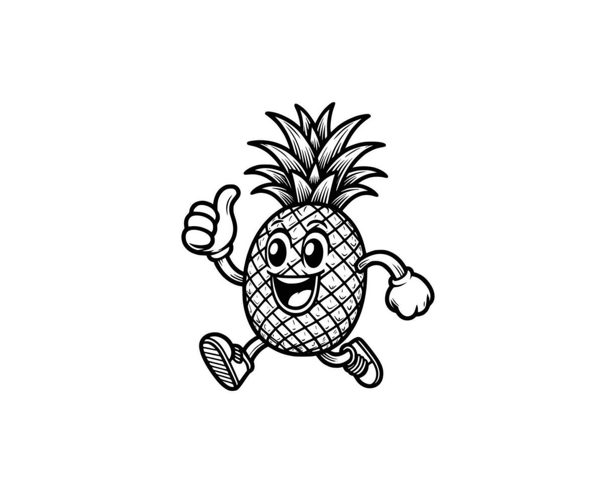 Cute Cartoon of Pineapple illustration for coloring book outline line art. Pineapple mascot design with dynamic pose vector
