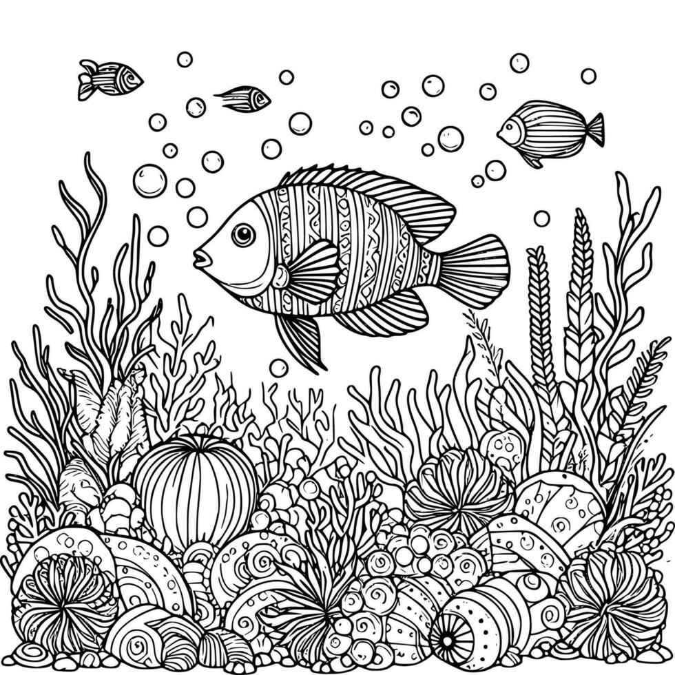 underwater world coloring book hand drawn. ocean life coloring page black and white vector illustration