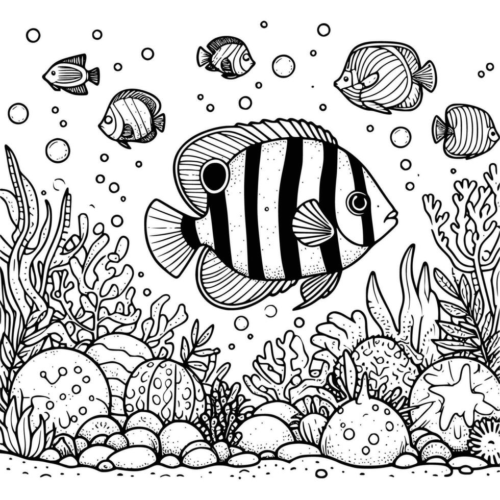 underwater world coloring book hand drawn. ocean life coloring page black and white vector illustration