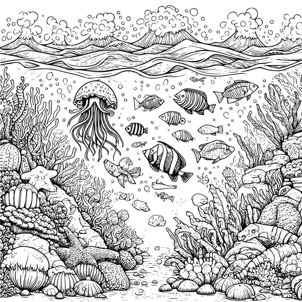 underwater world coloring book hand drawn. ocean life coloring page black and white vector illustration