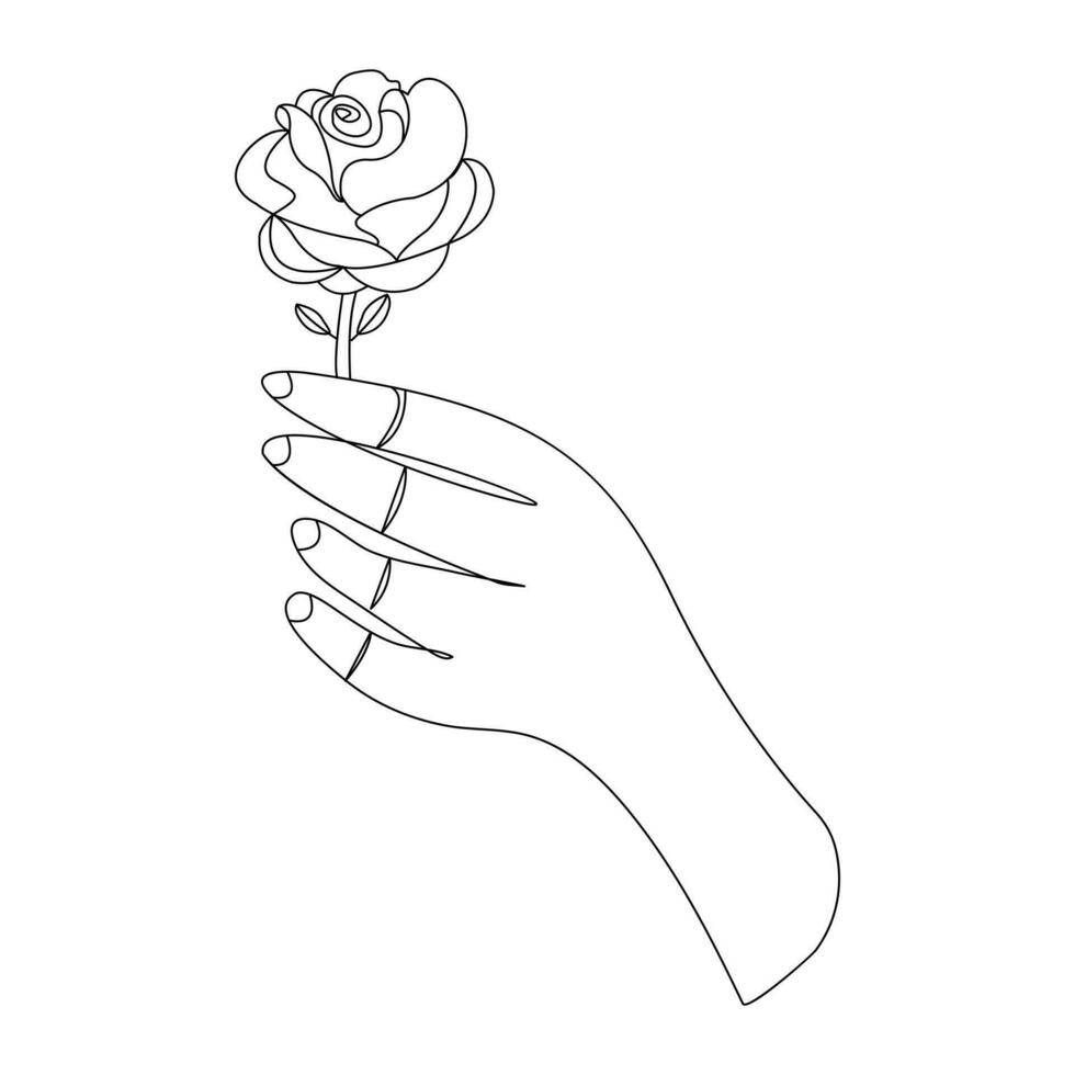 Continuous Beautiful Rose flowers single line art vector drawing of hand holding