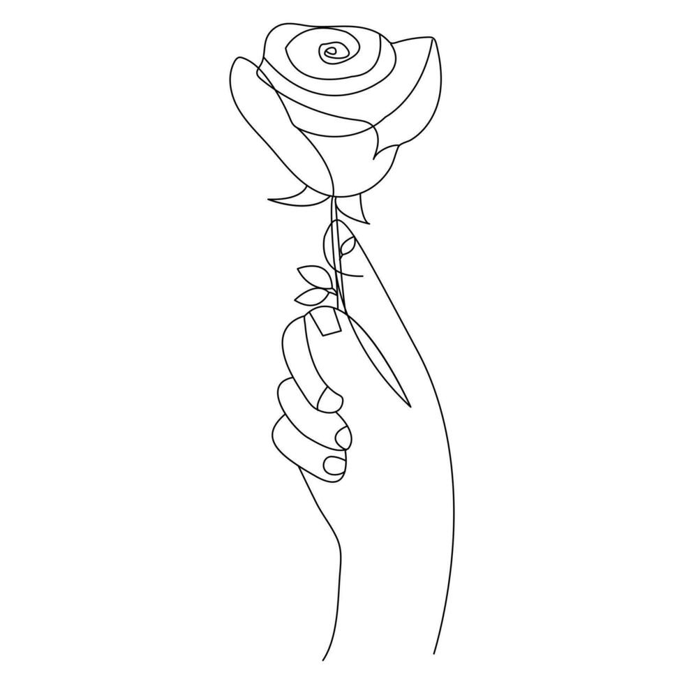 Continuous Beautiful Rose flowers single line art vector drawing of hand holding