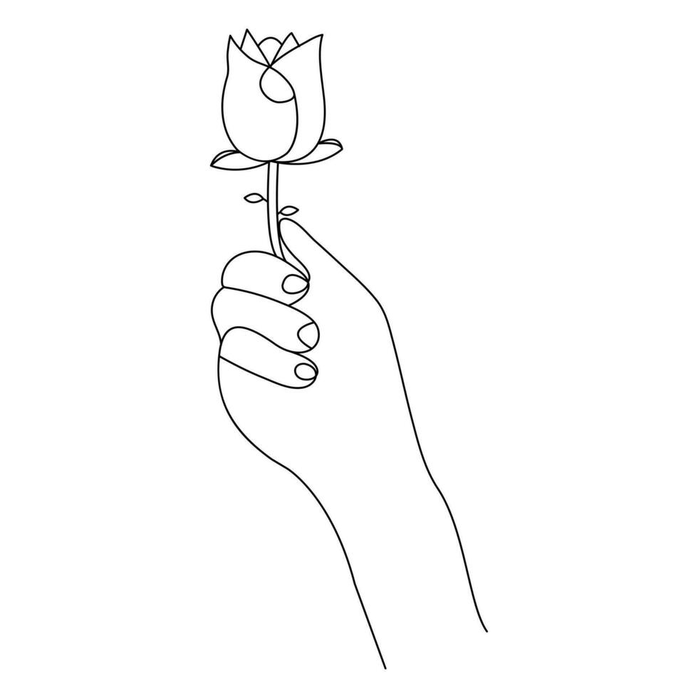 Continuous Beautiful Rose flowers single line art vector drawing of hand holding