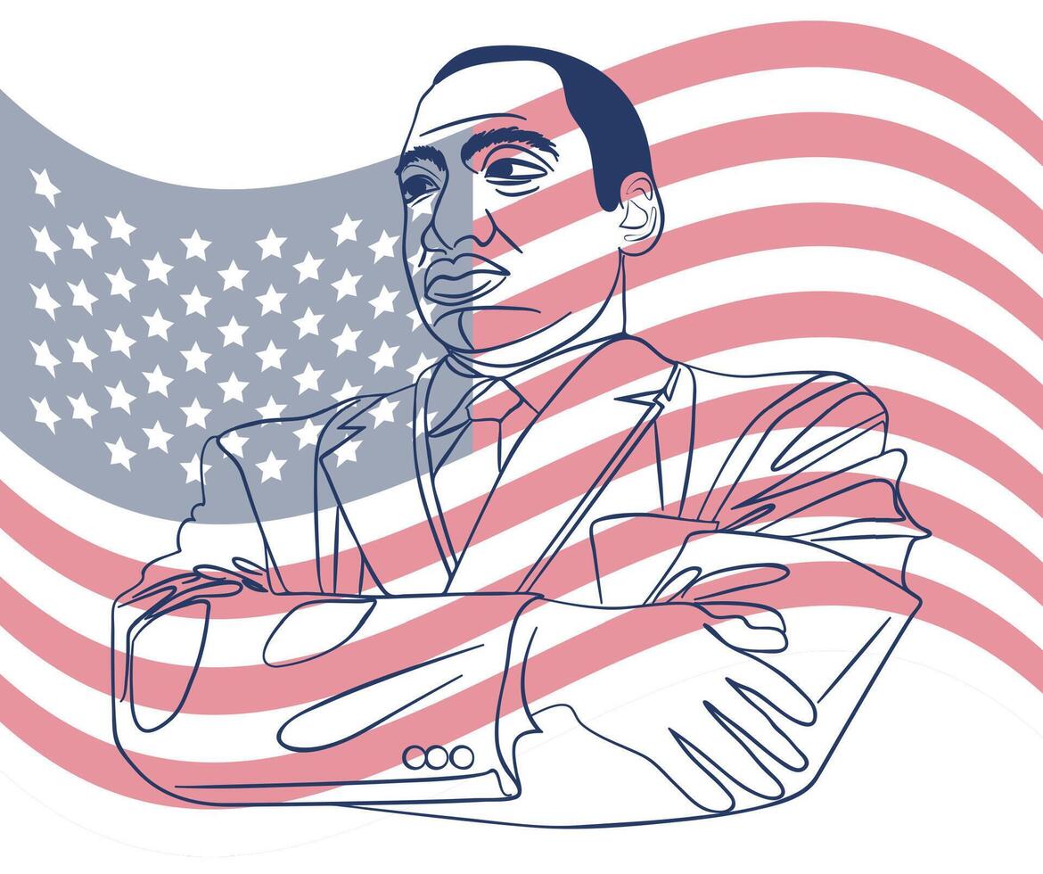 Martin Luther King Jr. Day greeting card design. MLK Day lettering inspirational quote, US flag background vector