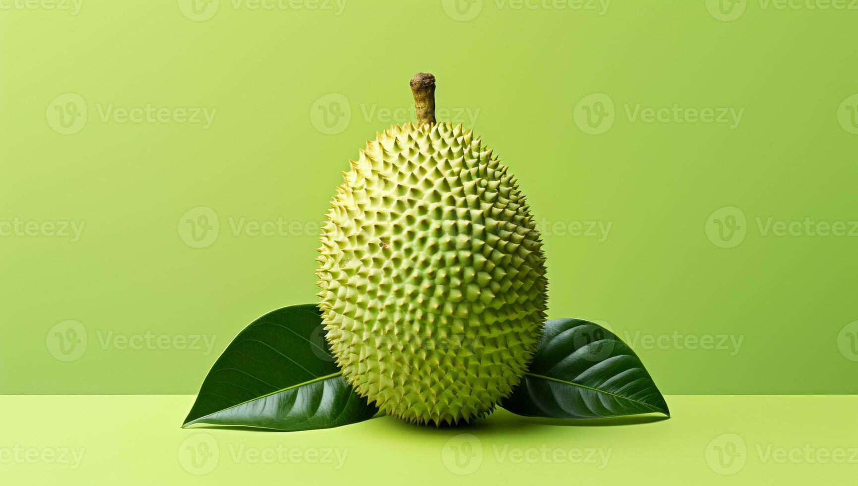 AI generated Single Durian Fruit on Green Background. AI Generated. photo