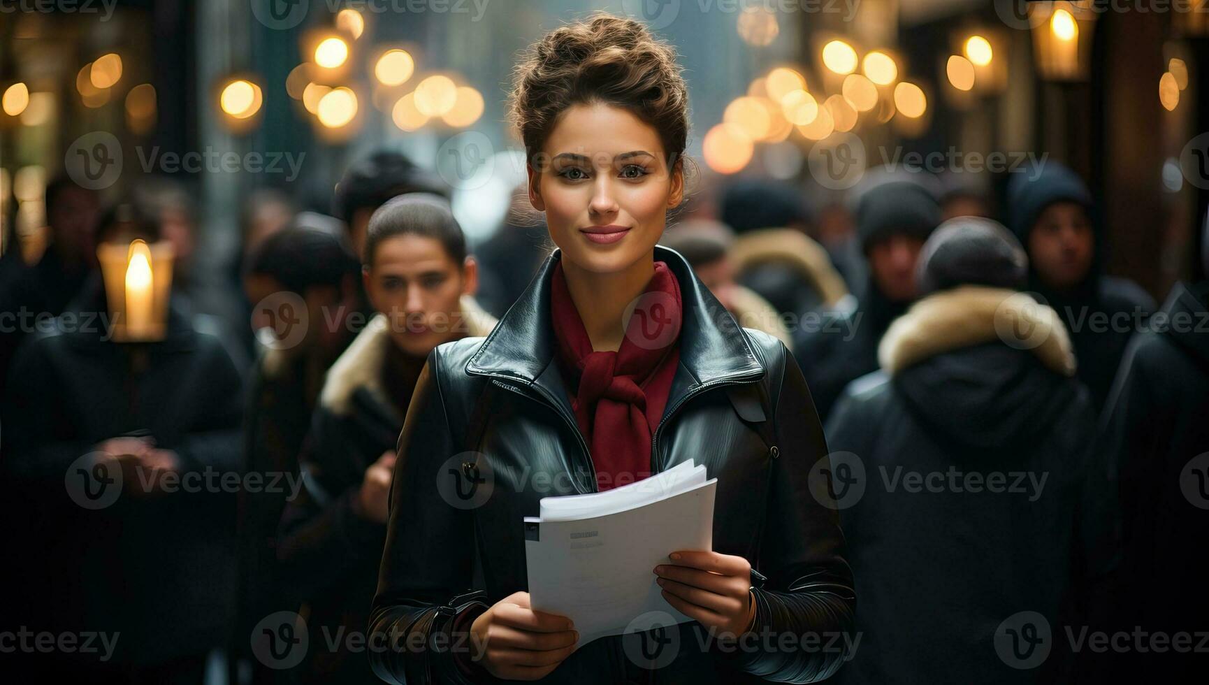 AI generated Young beautiful woman in a black leather jacket with documents in her hands. AI Generated. photo