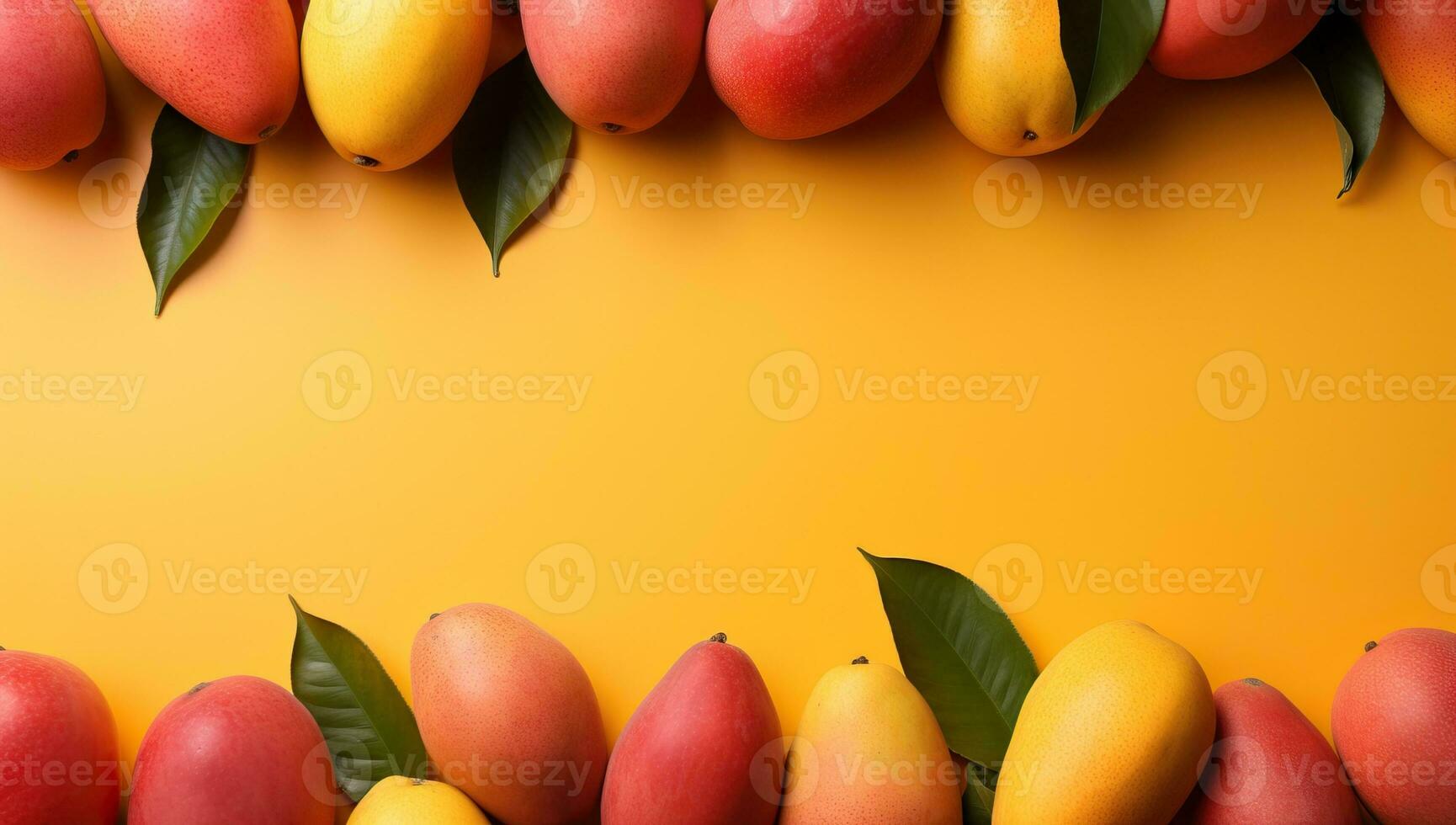 AI generated mangoes and mangoes on a yellow background with copy space. AI Generated. photo