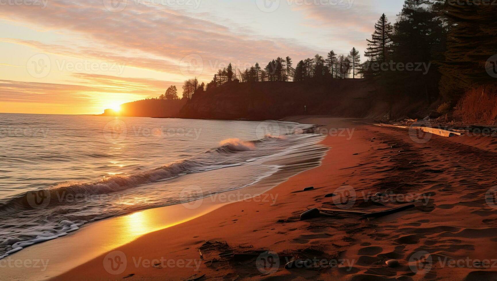 AI generated Sunset at a serene beach with waves and footprints in the sand photo