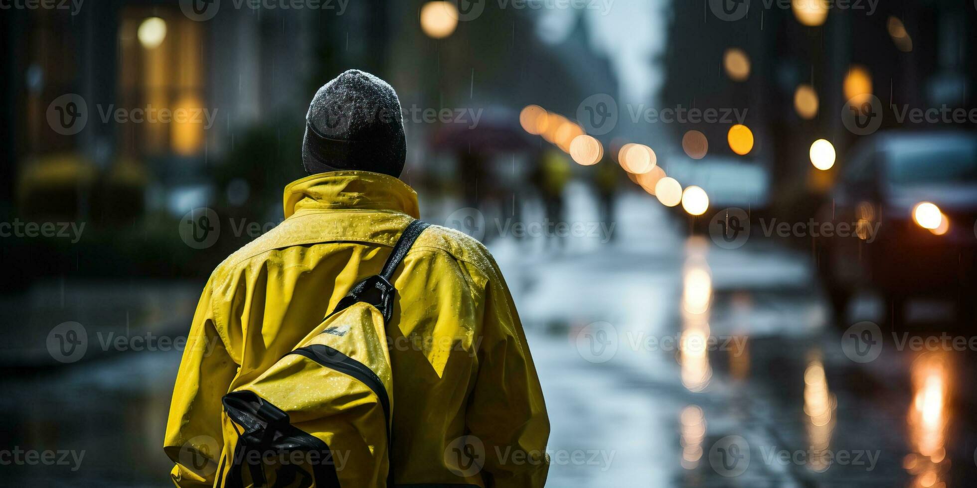 AI generated Man in yellow raincoat with backpack on rainy day. AI Generated. photo