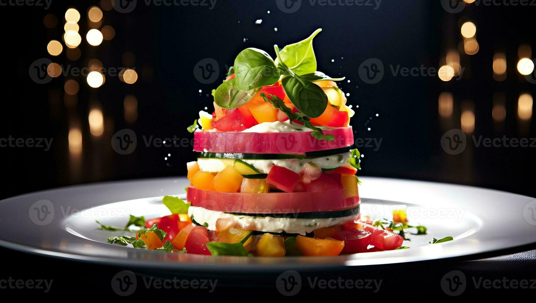 AI generated Stacked Tomato and Basil Salad Served at Night. AI Generated. photo