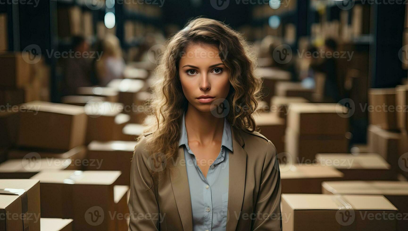 AI generated Portrait of serious young businesswoman standing among cardboard boxes in warehouse. AI Generated. photo