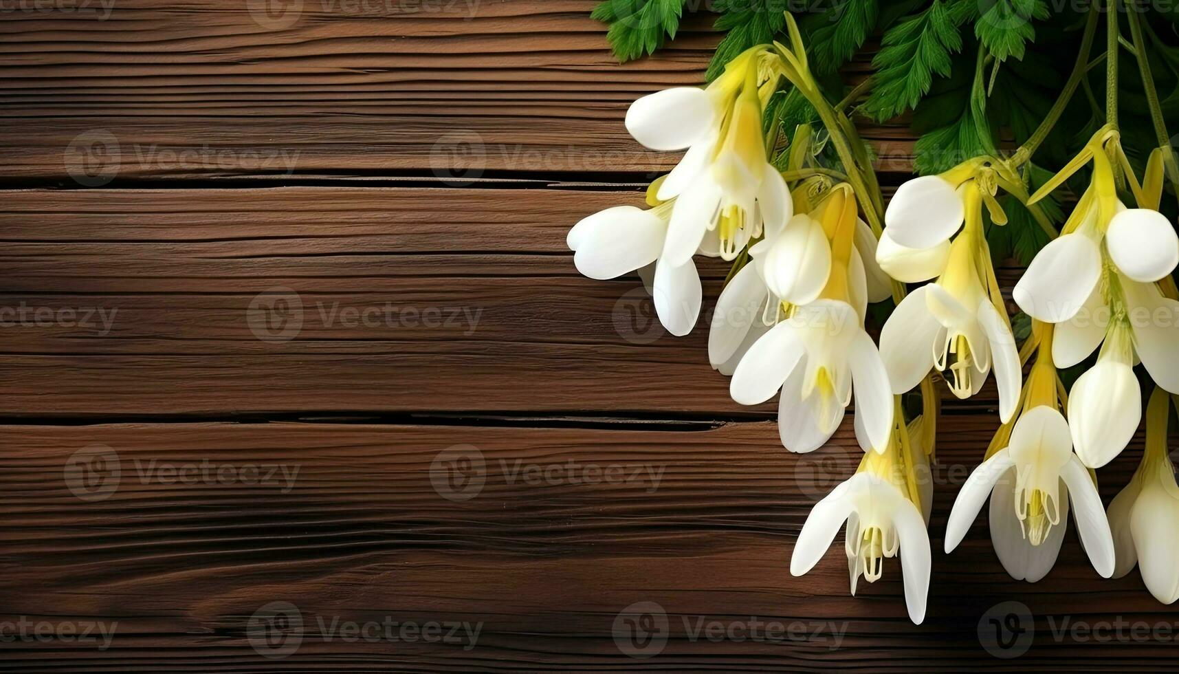 AI generated Bouquet of white freesia flowers on a wooden background. AI Generated. photo
