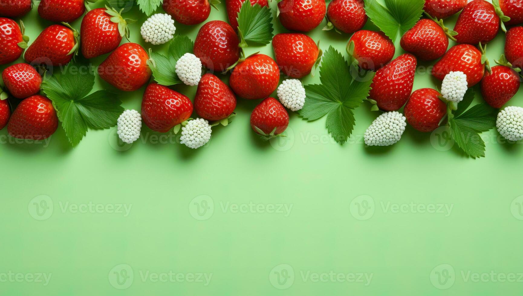 AI generated Fresh strawberries with leaves on green background, top view. Space for text. AI Generated. photo