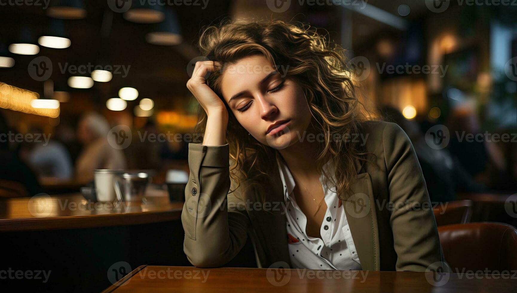 AI generated Portrait of a young woman sitting in a cafe and thinking. AI Generated. photo