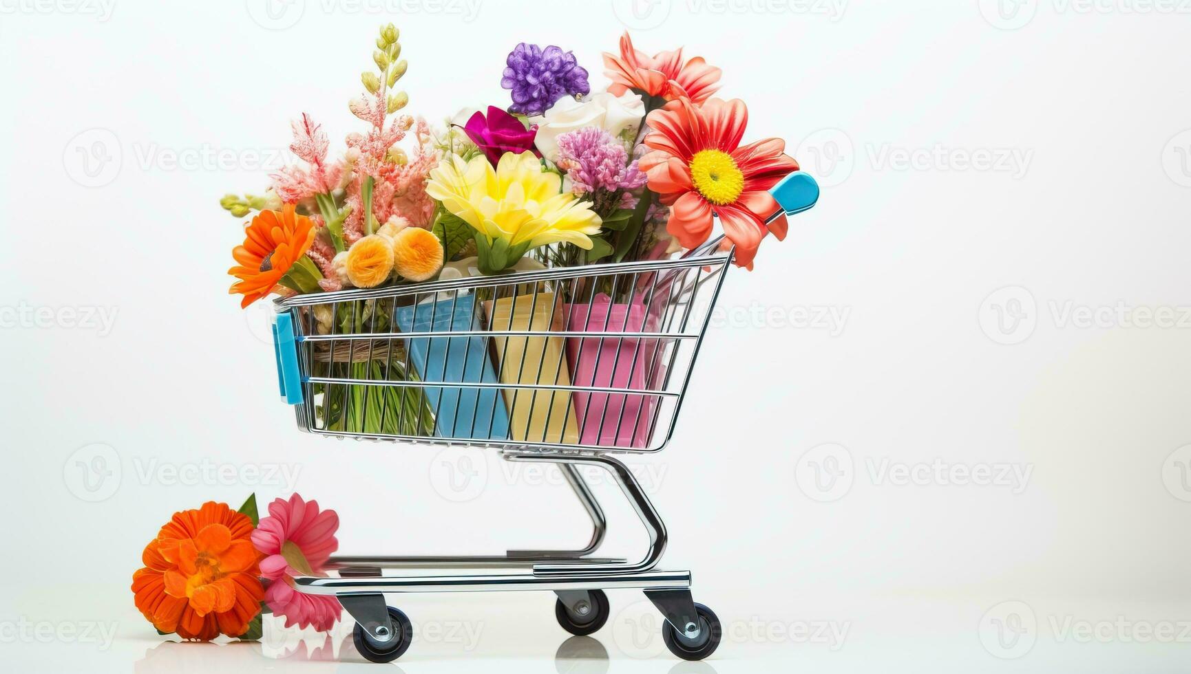 ai generado vistoso artificial flores en compras carro en blanco antecedentes con Copiar espacio foto