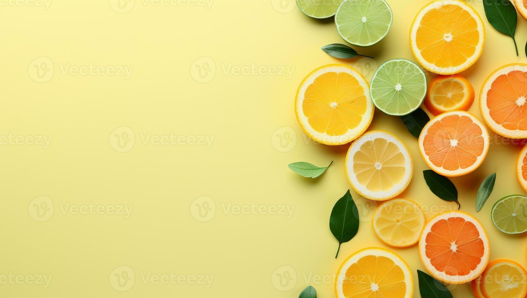 AI generated Slices of citrus fruit and leaves on yellow background, flat lay. AI Generated. photo