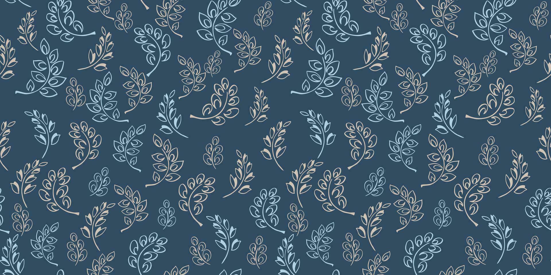 Seamless creative tiny simple branches leaves, drops, lines pattern. Vector hand drawn sketch. Abstract stylized textured floral print. Cute shape organic leaf stems dark turquoise background.