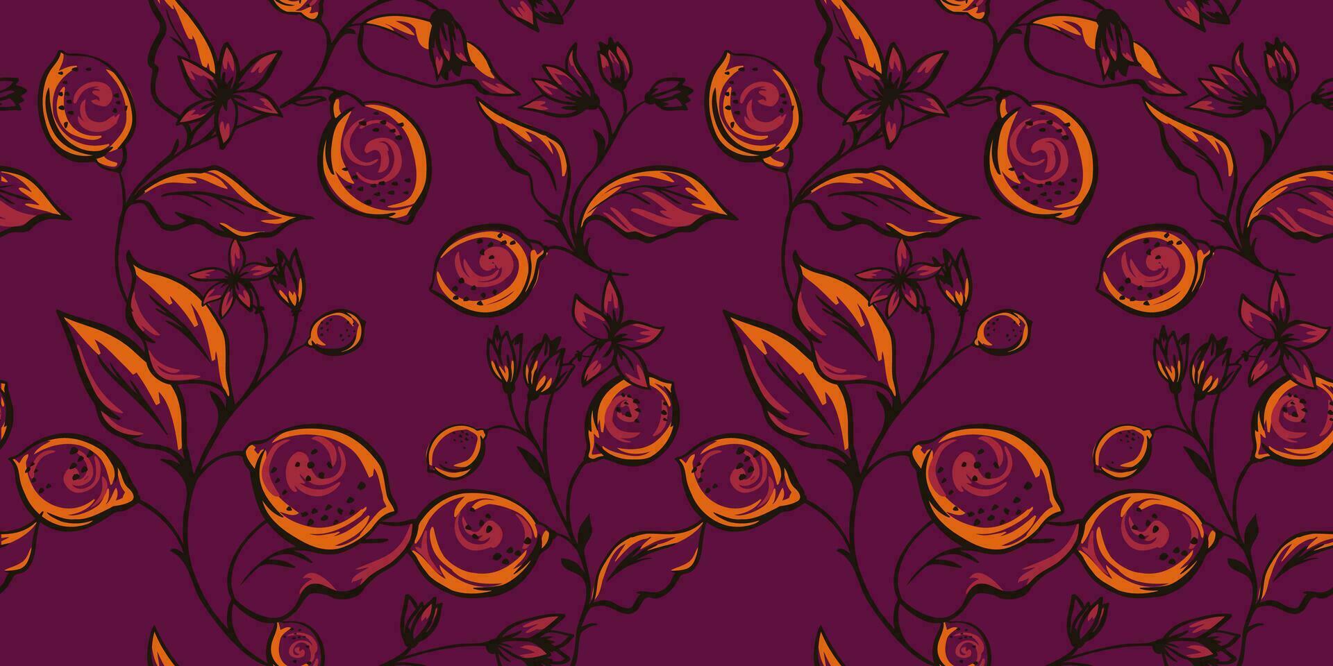 Abstract stylized shape branches leaves with lemon, flowers seamless pattern. Vector hand drawn sketch. Simple brush floral on a burgundy printing. Design for fabric, fashion, wallpaper