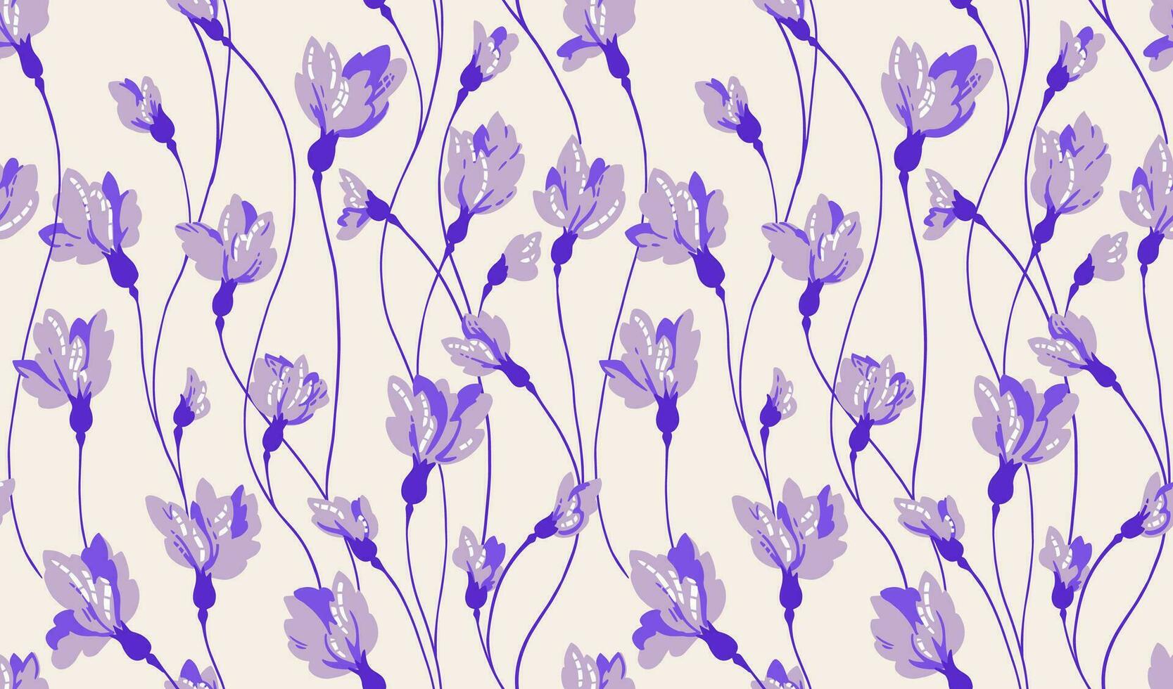 Seamless simple art internimed branches with creative flowers buds pattern. Vector hand drawn. Purple abstract ditsy floral on a light background. Design for fashion, textile, fabric, wallpaper
