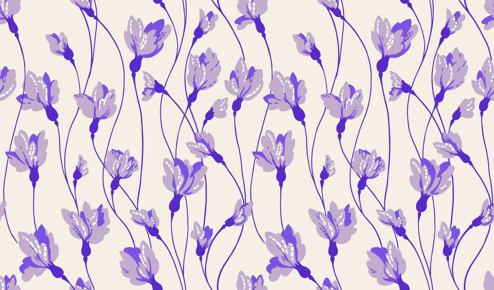 Seamless simple art internimed branches with creative flowers buds pattern. Vector hand drawn. Purple abstract ditsy floral on a light background. Design for fashion, textile, fabric, wallpaper