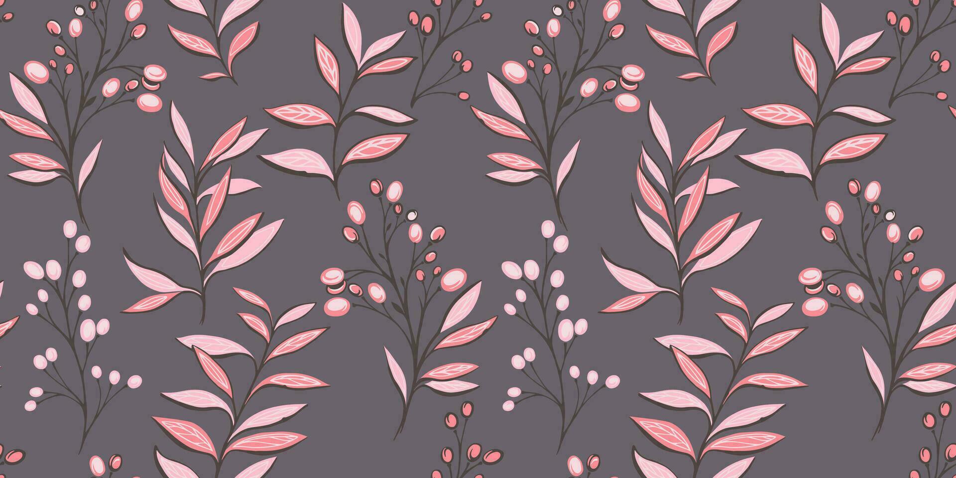 Seamless pattern with creative branches leaves, branches, berries. Vector hand drawn. Abstract stylized botanical stem floral and drops printing. Vector hand drawn. Design for fashion, fabric, textile