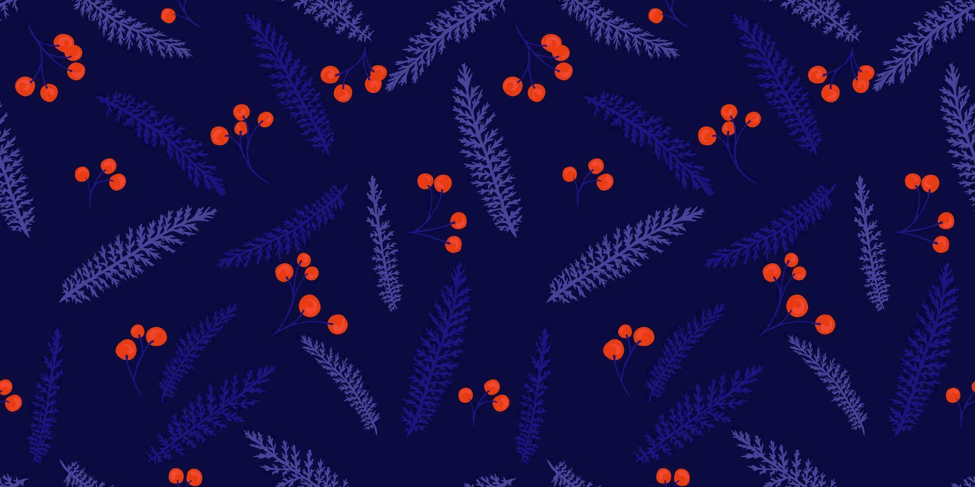 Seamless creative tiny branches leaves and berries, dots pattern on a dark purple blue background. Vector hand drawn sketch. Elegance abstract leaf floral printing. Design for fabric, fashion