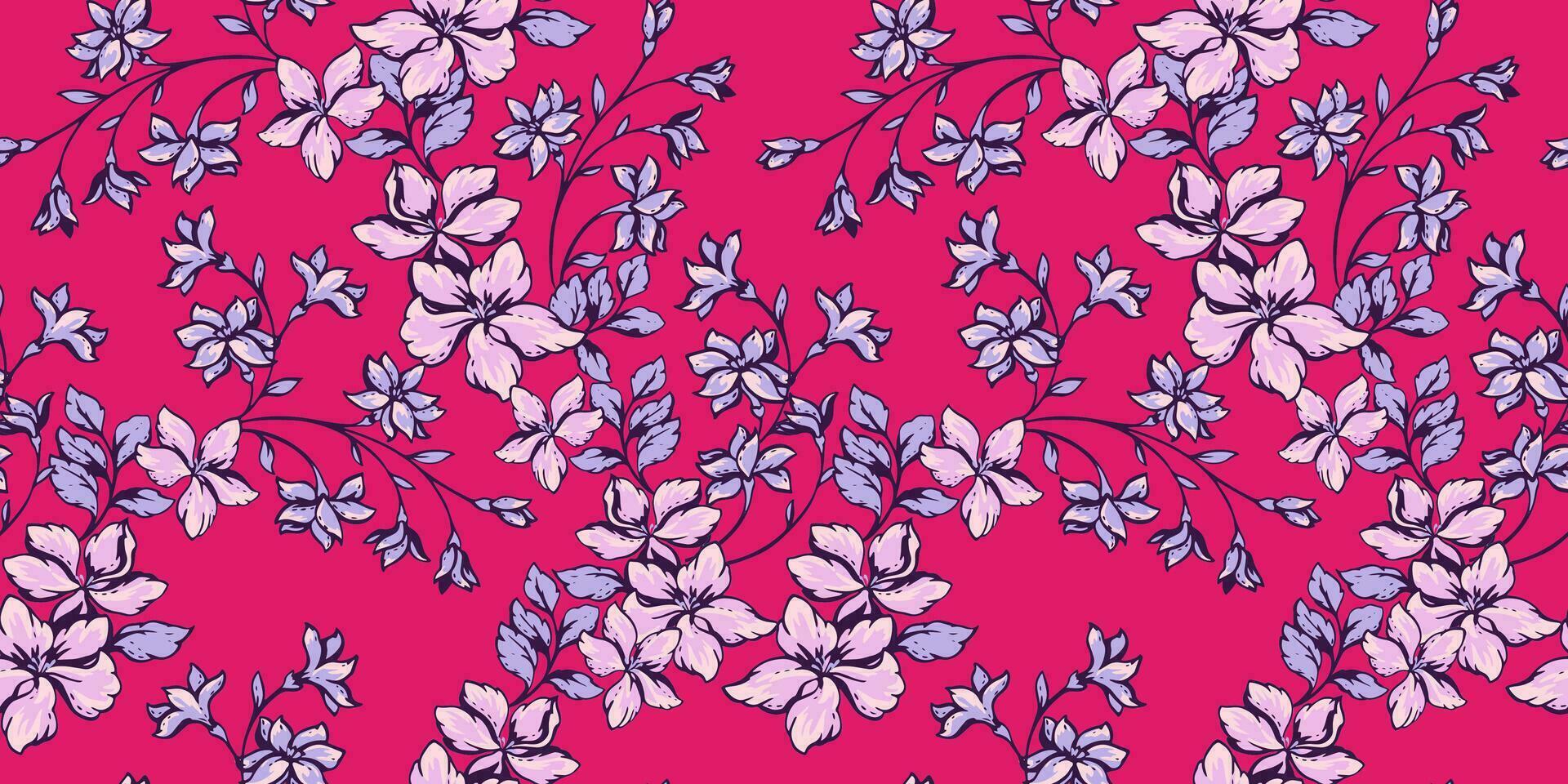 Elegant floral branches seamless pattern. Stylized blooming meadow on a red background. Vector hand drawn. Artistic wild ditsy flowers and buds, leaves printing. Design for fashion, fabric, textile