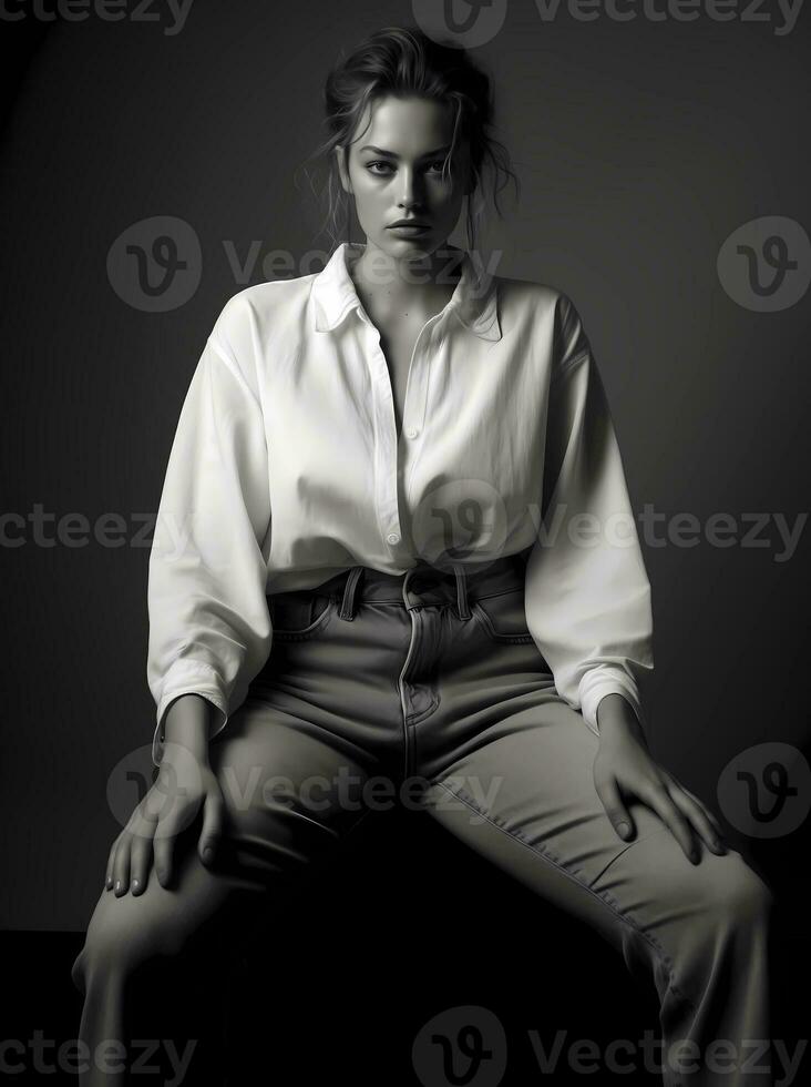 AI generated Beautiful young female model posing in old denim jeans and shirt in black and white portrait photo
