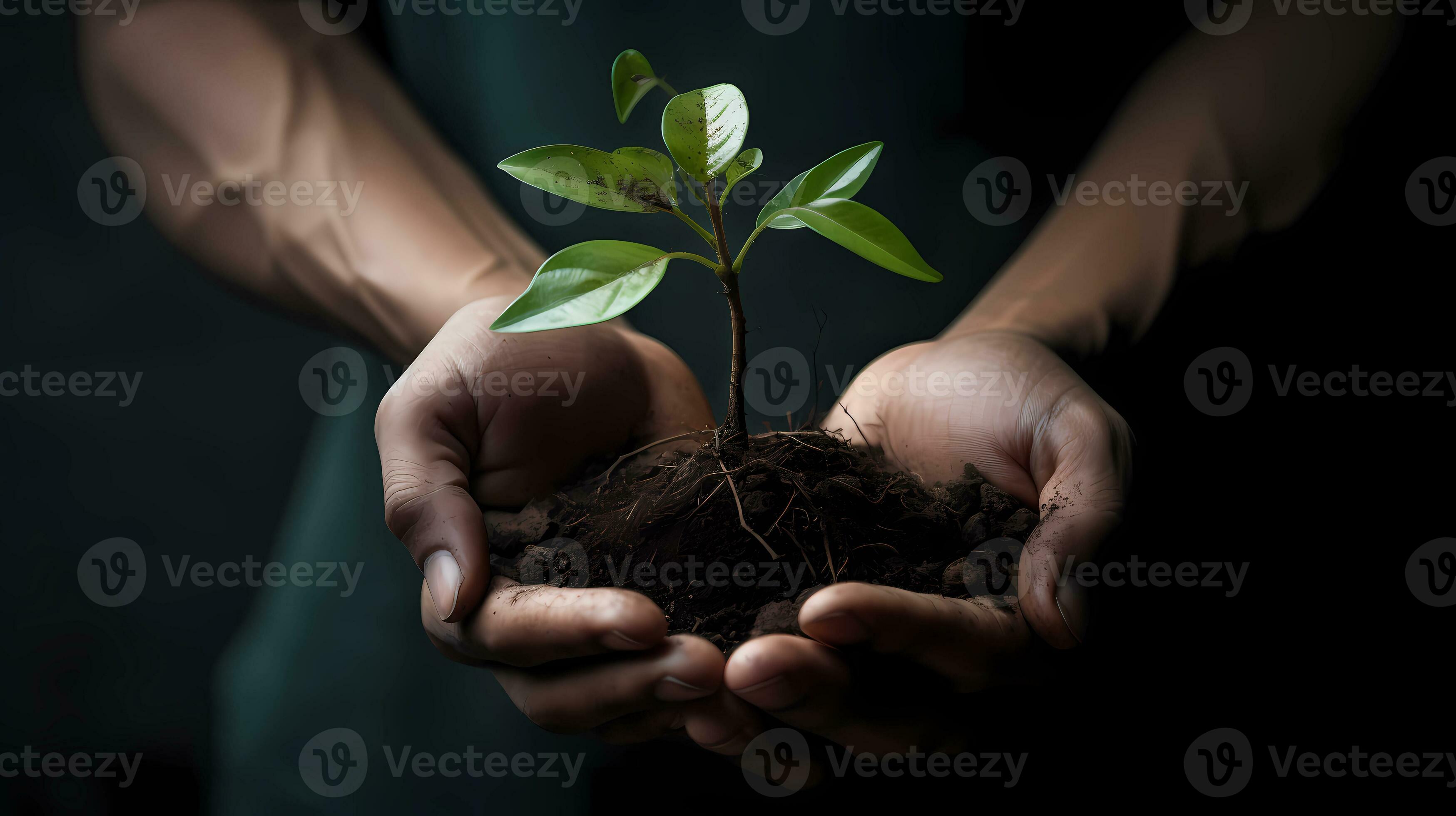 AI generated An adult man hand holding a small plant front view. Save