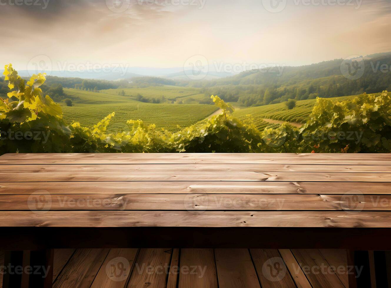 AI generated The empty wooden brown table top with blur background of Napa hill landscape. Exuberant image. Ideal for product placement photo