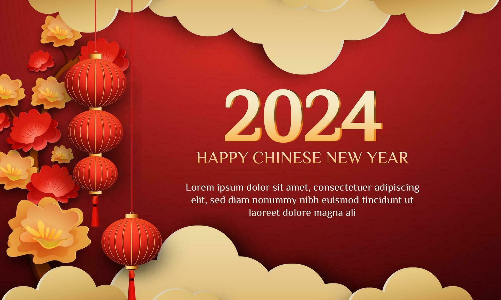 Chinese New Year 2024 3d background with lantern, gate, red and gold flower, cloud for banner, greeting card vector