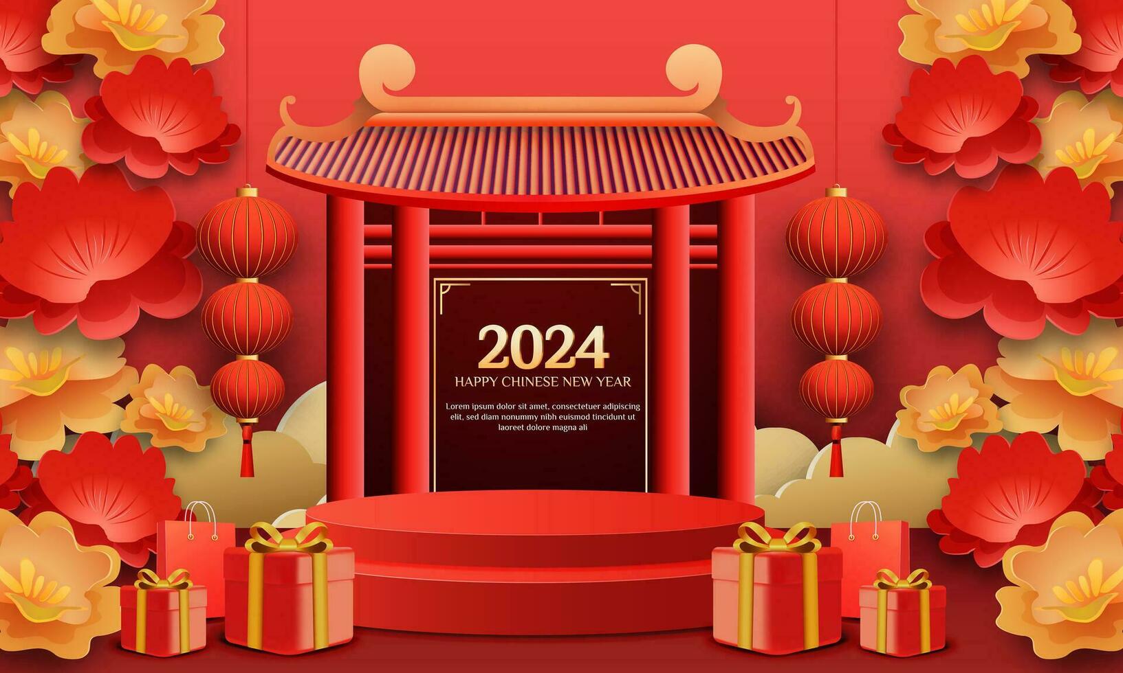 Chinese New Year sale 2024 3d background sale with flower, lantern, gift box, for banner, greeting card Chinese Translation Chinese New Year vector