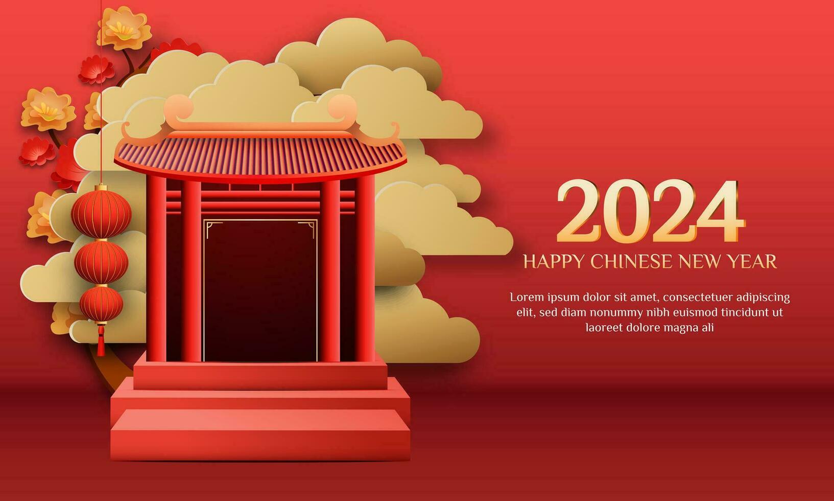 Chinese New Year 2024 3d background with lantern, gate, red and gold flower, cloud for banner, greeting card. vector