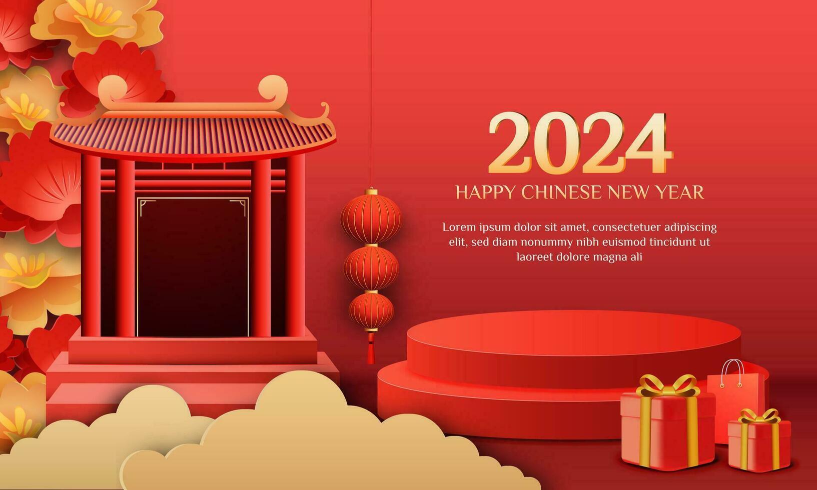 chino nuevo año rebaja 2024 3d antecedentes rebaja con flor, linterna, regalo caja, para bandera, vector
