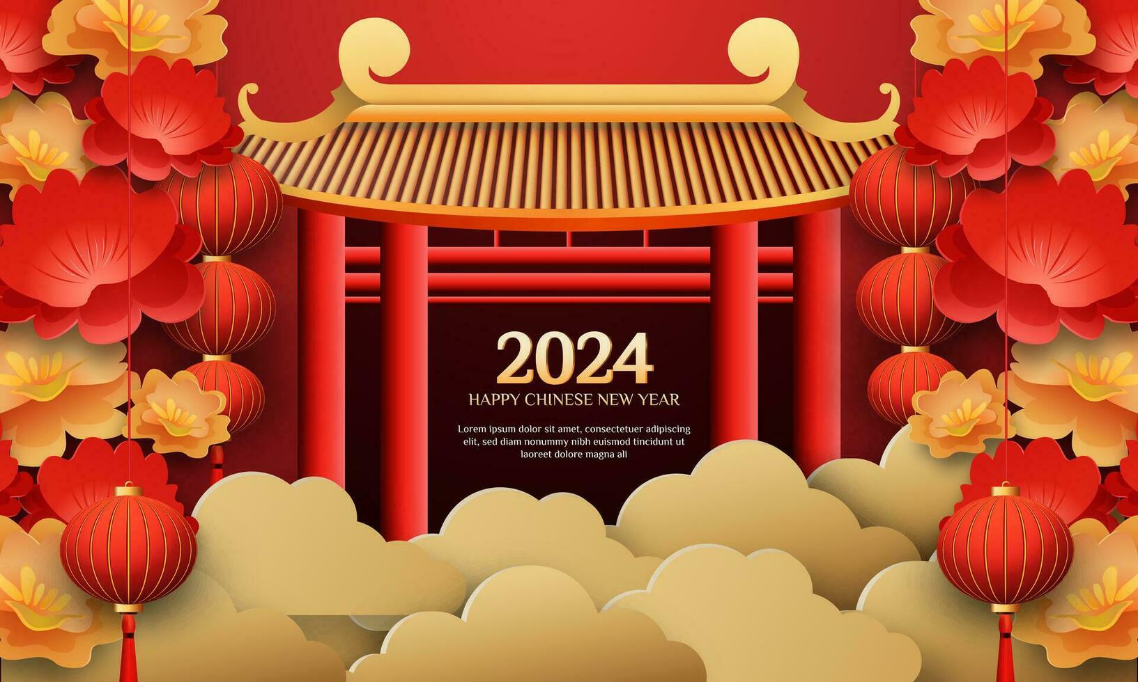 Chinese New Year 2024 3d background with lantern, gate, red and gold flower, cloud for banner, greeting card vector