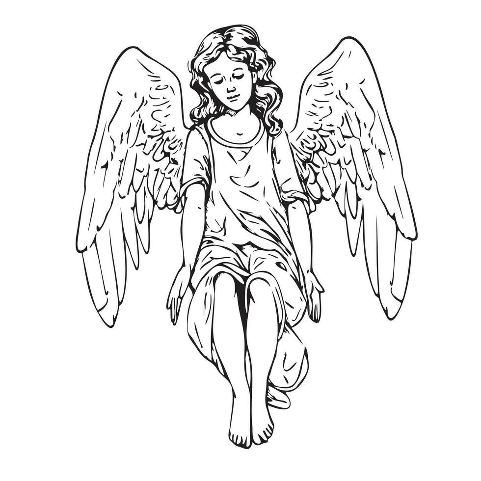 Cute girl with wings sitting sketch hand drawn in doodle style Vector illustration